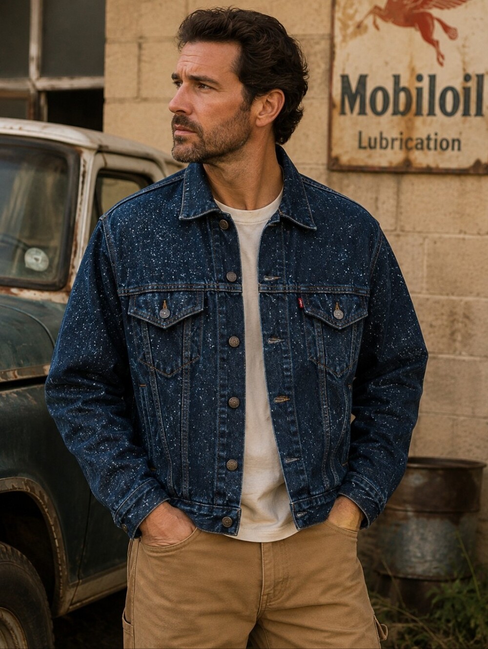Vintage Levi's Blue Speckled Denim Trucker Jacket 90 Y2K Red Tab 70507 0229 Rare